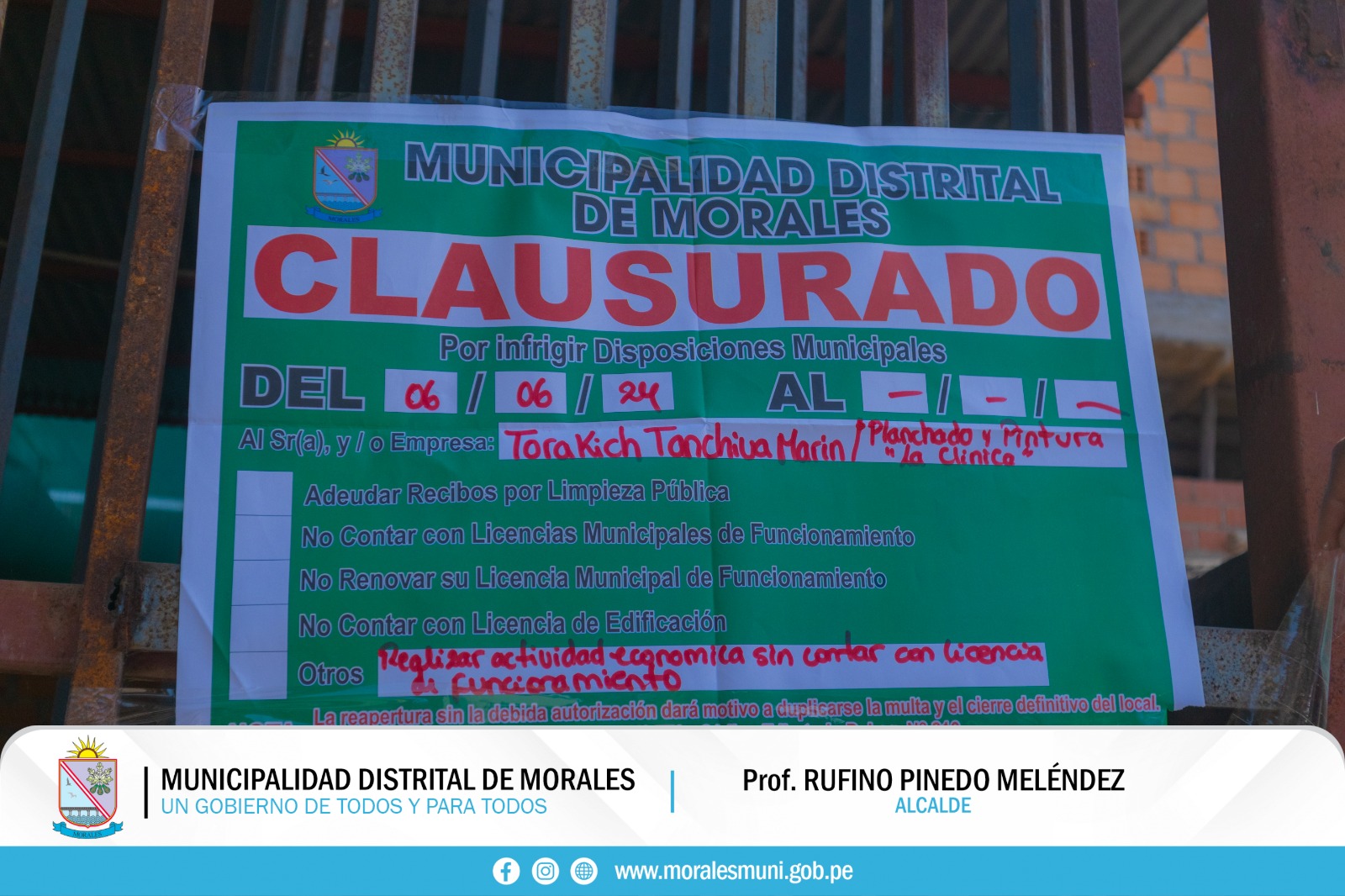 MUNICIPALIDAD DE MORALES CLAUSURA DOS TALLERES DE MECÁNICA PORQUE NO CONTABAN CON LICENCIA DE FUNCIONAMIENTO.